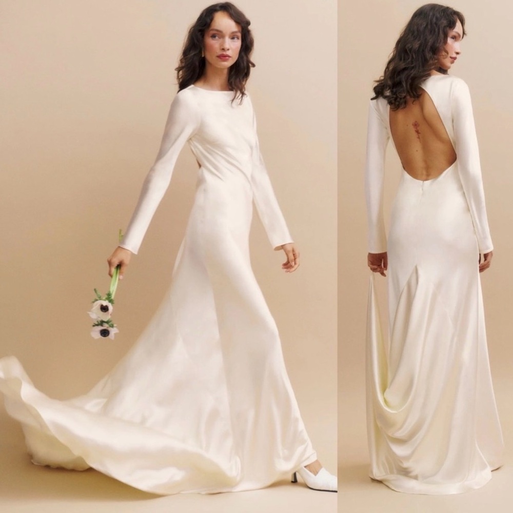 Reformation Ivory Open-Back Satin Long-Sleeve Maxi Dress